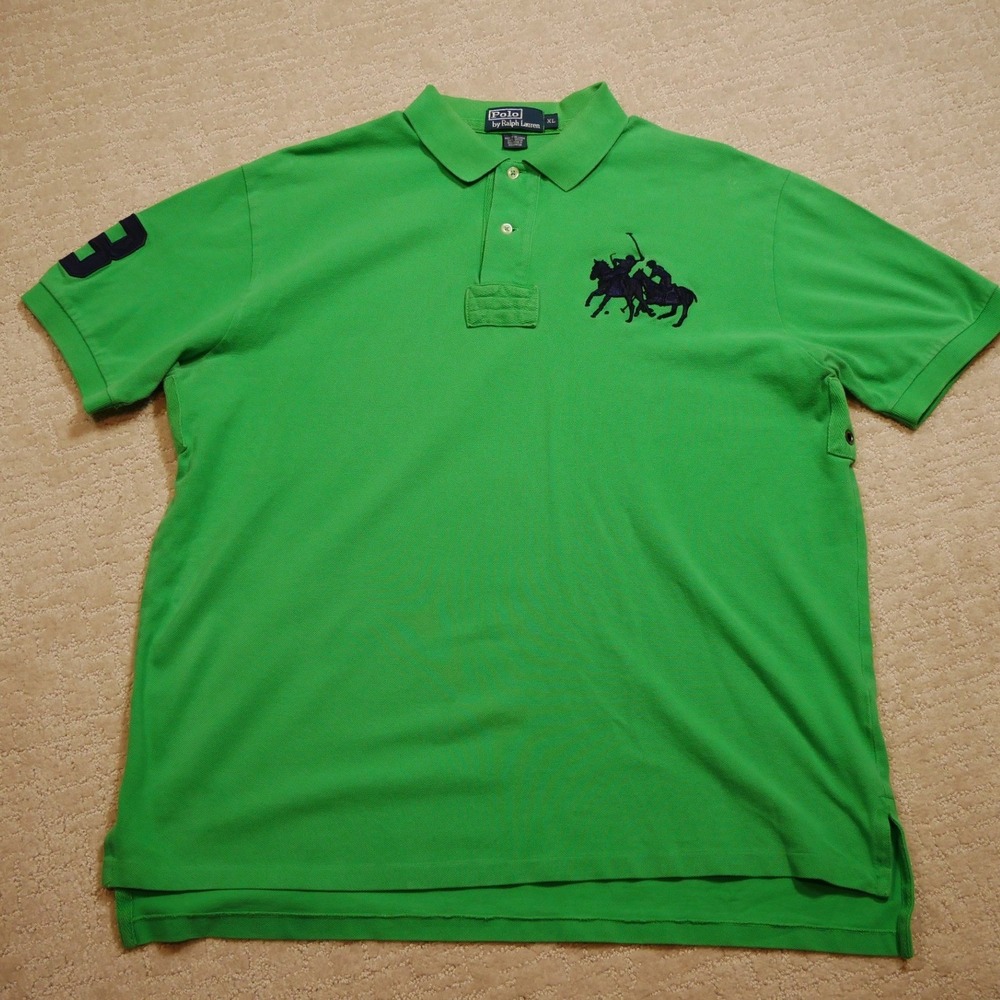 Vintage Polo Ralph Lauren Men XL Big Pony Polo Shirt Green Blue Short Sleeve